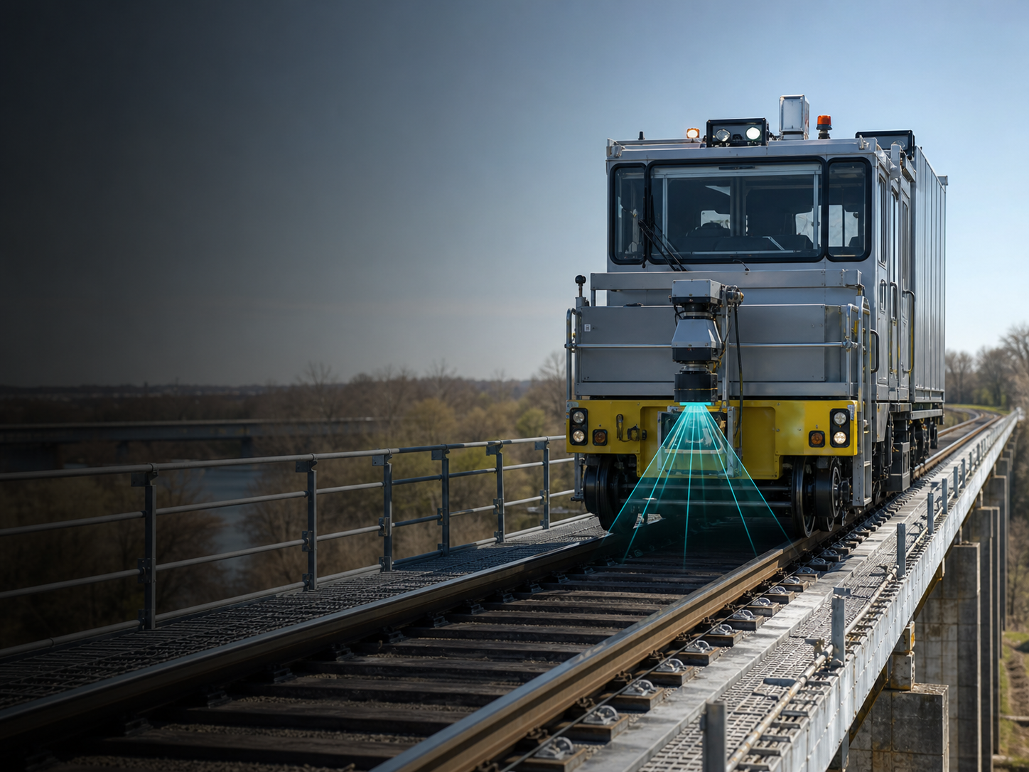 Rail inspection vehicle using laser sensing on bridge track infrastructure
