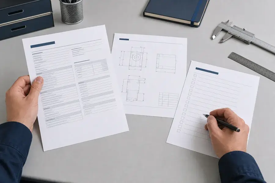 Engineer comparing optical, electrical, mechanical, and test-condition entries in a technical datasheet