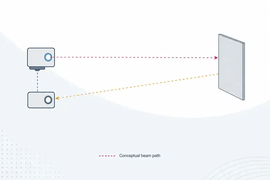 Diagram showing a time-of-flight ranging pulse traveling to a target and returning to a receiver