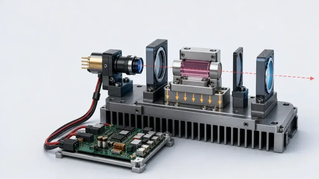 Conceptual diode-pumped solid-state laser architecture with gain medium, cavity optics, driver electronics, and thermal path.