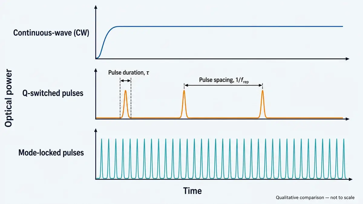 Qualitative comparison of continuous-wave, Q-switched, and mode-locked solid-state laser output over time.