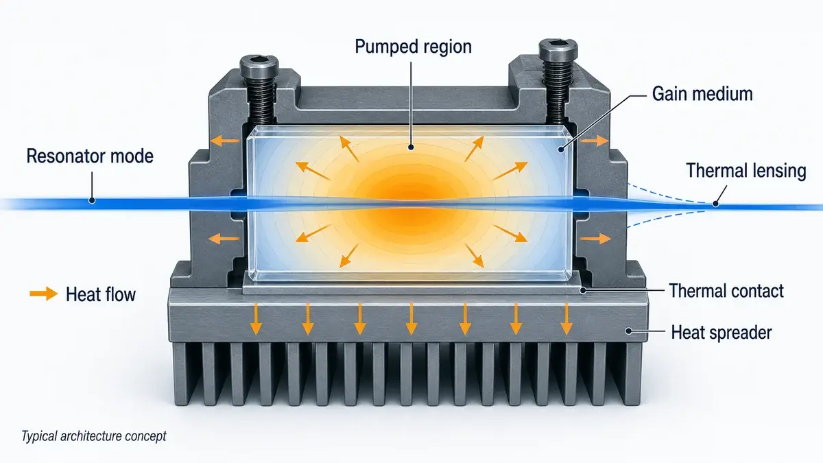 Thermal management diagram showing a pumped gain medium, heat flow, mounting interface, and thermally induced beam focusing.