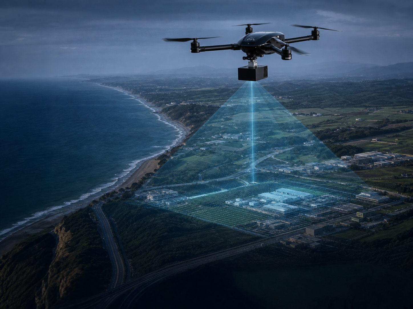 UAV LiDAR system scanning a coastal landscape for remote sensing and mapping