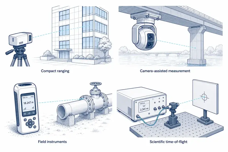 Four applications for 1535 nm ranging laser sources: compact ranging, camera-assisted measurement, field instruments, and scientific time-of-flight systems.