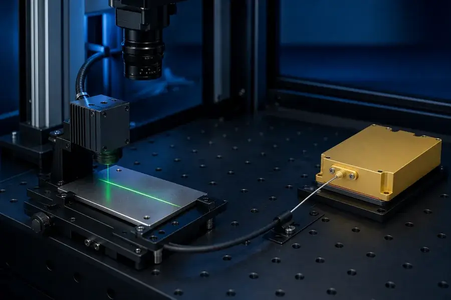 Fiber-coupled green laser source integrated with beam shaping, target and camera