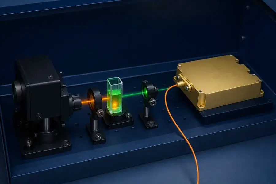 525 nm fiber-coupled laser integrated with a cuvette, collection optics and analytical detector
