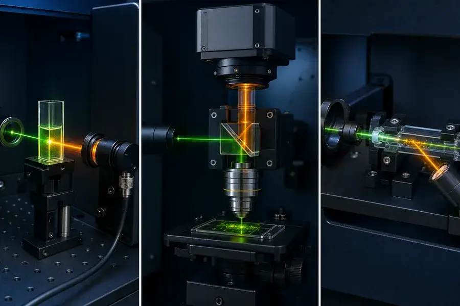 Cuvette, epi-fluorescence and flow-cell architectures using 525 nm excitation