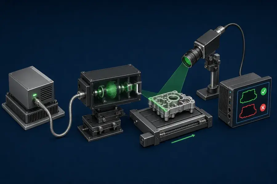 Optical chain from 525 nm source through fiber, beam shaping, workpiece and filtered camera