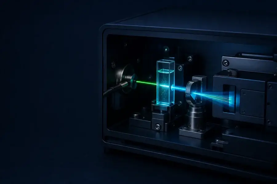 Enclosed fluorescence instrument using fiber-delivered 525 nm green excitation and collection optics