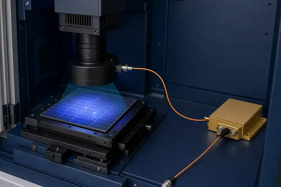 808 nm fiber-coupled laser integrated into a photovoltaic photoluminescence inspection cabinet