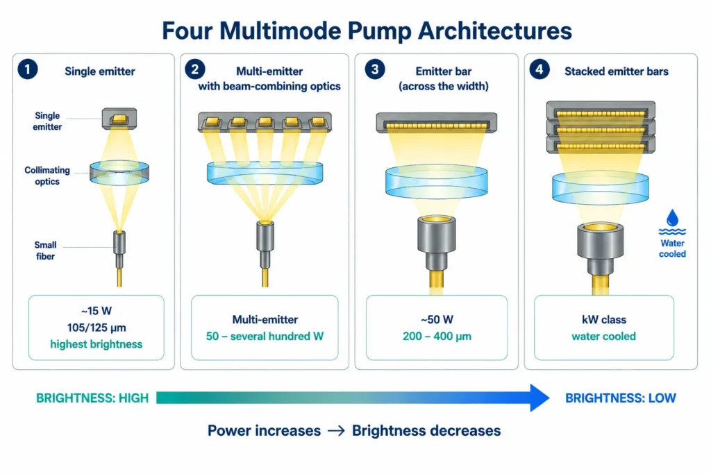 Diagram comparing single emitter, multi-emitter, single bar and multi-bar fiber laser pump diode architectures
