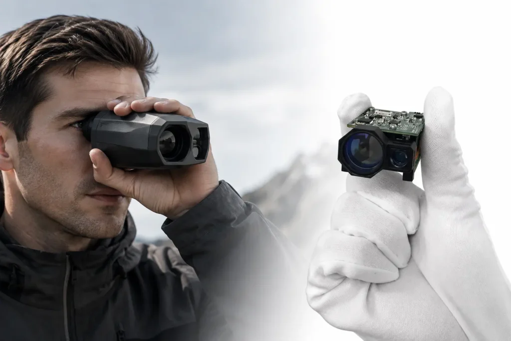 Laser rangefinder module integrated into a handheld optical device for long-range observation and ranging applications
