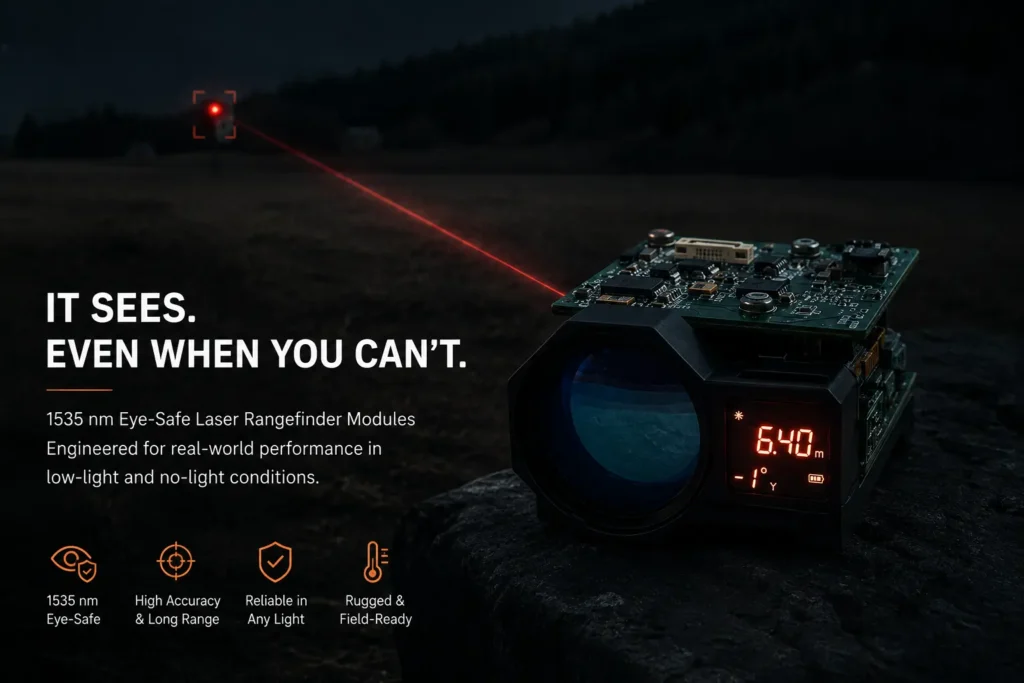 Yes. Laser rangefinders work in complete darkness, because they supply their own illumination — the device emits a laser pulse and times its return, with no dependence on ambient light. Performance usually improves at night, since darkness removes the solar background noise that competes with the return signal during the day.