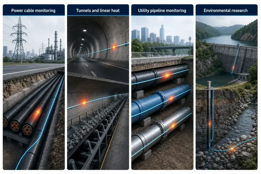 Four Distributed Temperature Sensing application classes: power cables, tunnels and conveyors, utility pipelines, and environmental research