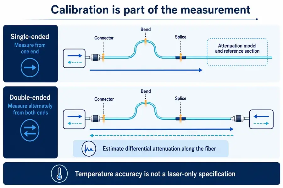 Single-ended and double-ended DTS calibration diagram showing connector, bend and splice losses and differential-attenuation correction