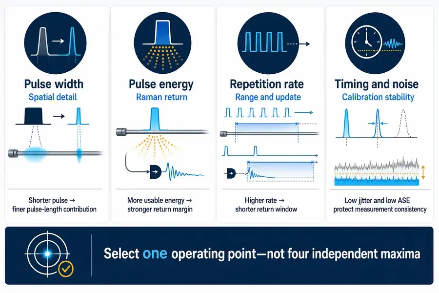 DTS laser source selection diagram relating pulse width, pulse energy, repetition rate, timing jitter and ASE noise to system behavior