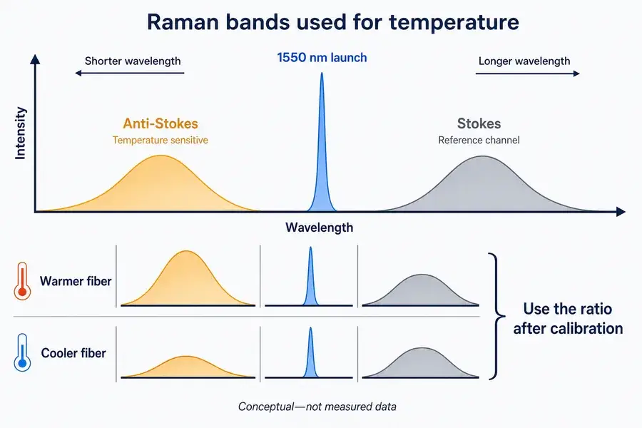 Conceptual Raman spectrum showing anti-Stokes, a 1550 nm launch peak, Stokes and the warmer-versus-cooler intensity relationship
