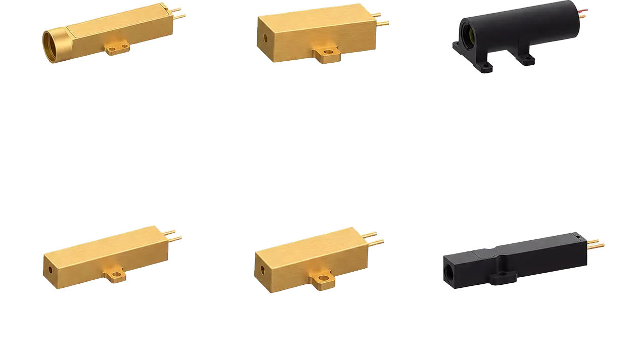 Six Lumexis erbium-glass laser sources arranged by package and pulse-energy class