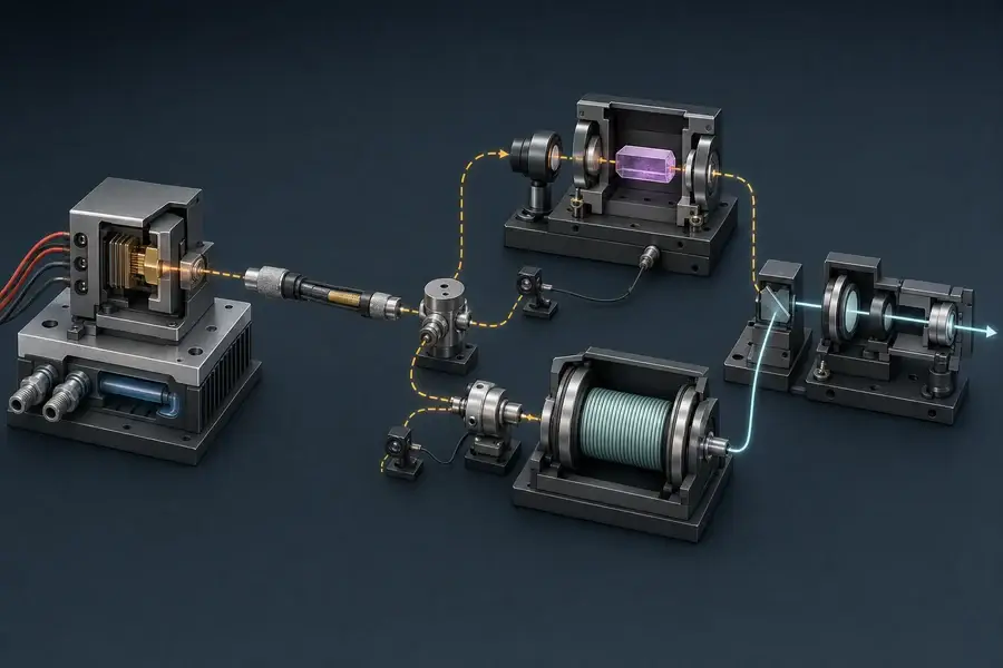 Conceptual fiber-coupled pump system architecture branching to a solid-state crystal laser and a double-clad fiber laser