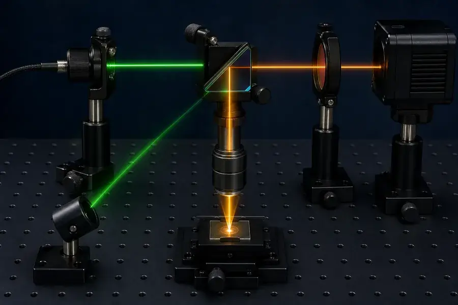 Conceptual 525 nm fluorescence path with dichroic separation and emission filtering