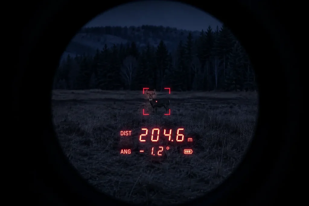 Nighttime view through a 1535 nm laser rangefinder measuring a deer at 204.6 metres in a dark forest clearing.