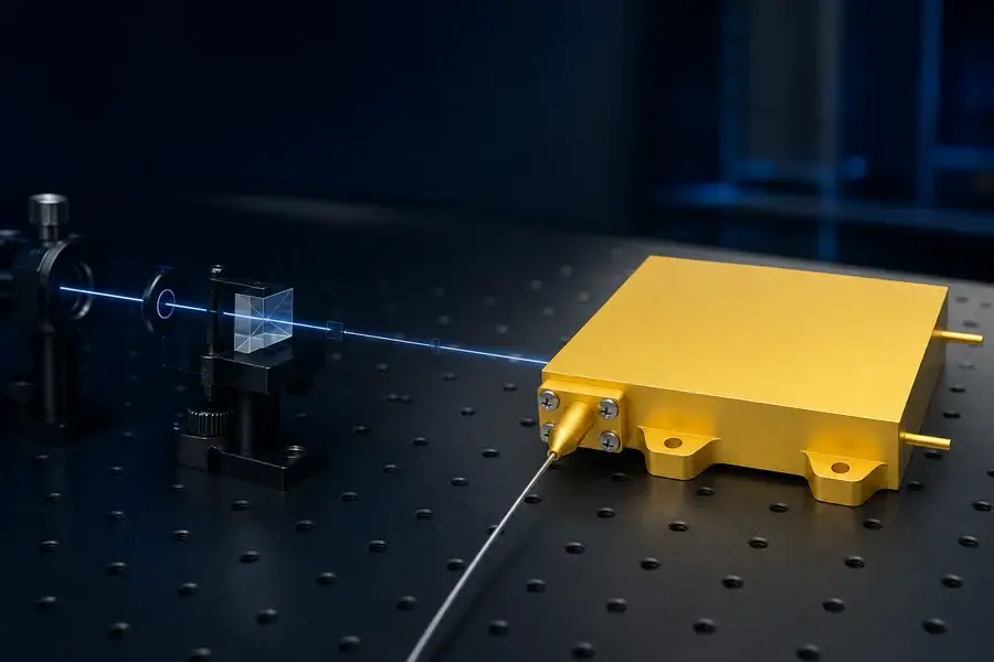 Fiber-coupled pump laser module beside a conceptual solid-state laser pumping system