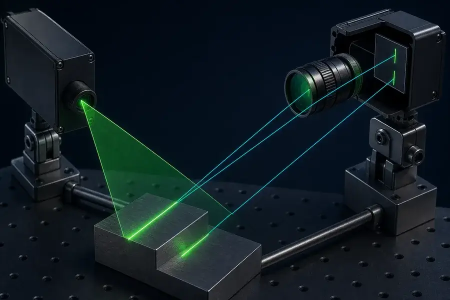 Conceptual laser triangulation geometry with a green projected line and camera observation paths