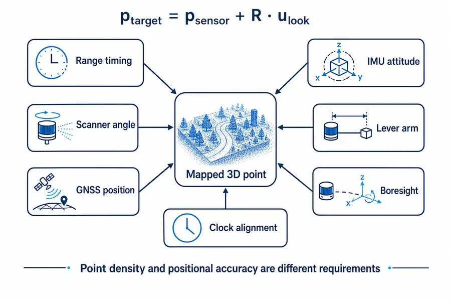 LiDAR mapping accuracy chain showing range timing, scanner angle, GNSS position, IMU attitude, lever arm, boresight and clock alignment