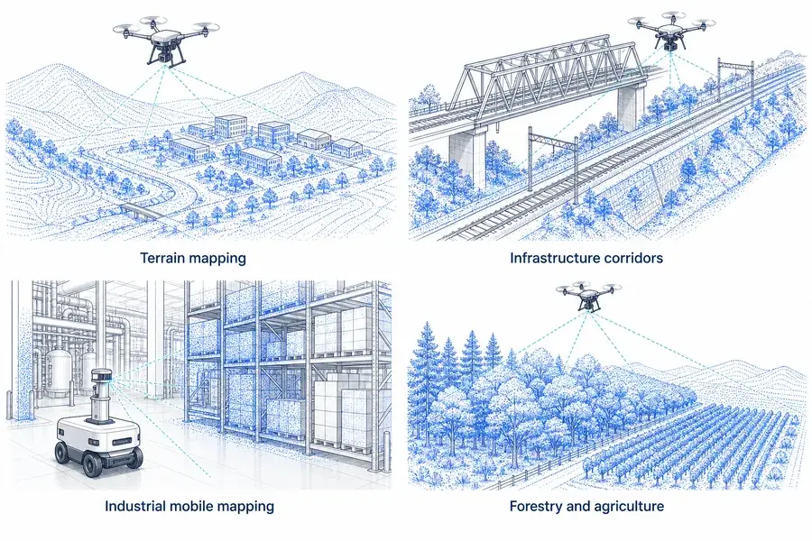 Four LiDAR application classes: terrain mapping, infrastructure corridors, industrial mobile mapping, and forestry and agriculture