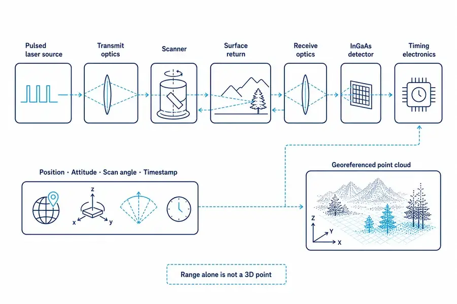 LiDAR system chain from pulsed laser source through transmit optics, scanner, surface return, InGaAs detector and timing electronics to a georeferenced point cloud