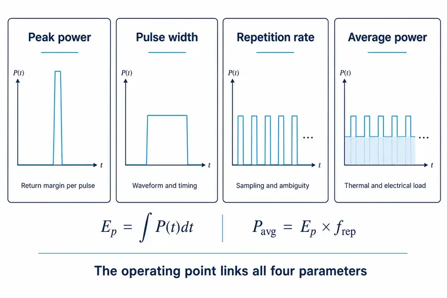Engineering diagram explaining how peak power, pulse width, repetition rate and average power influence a pulsed LiDAR system