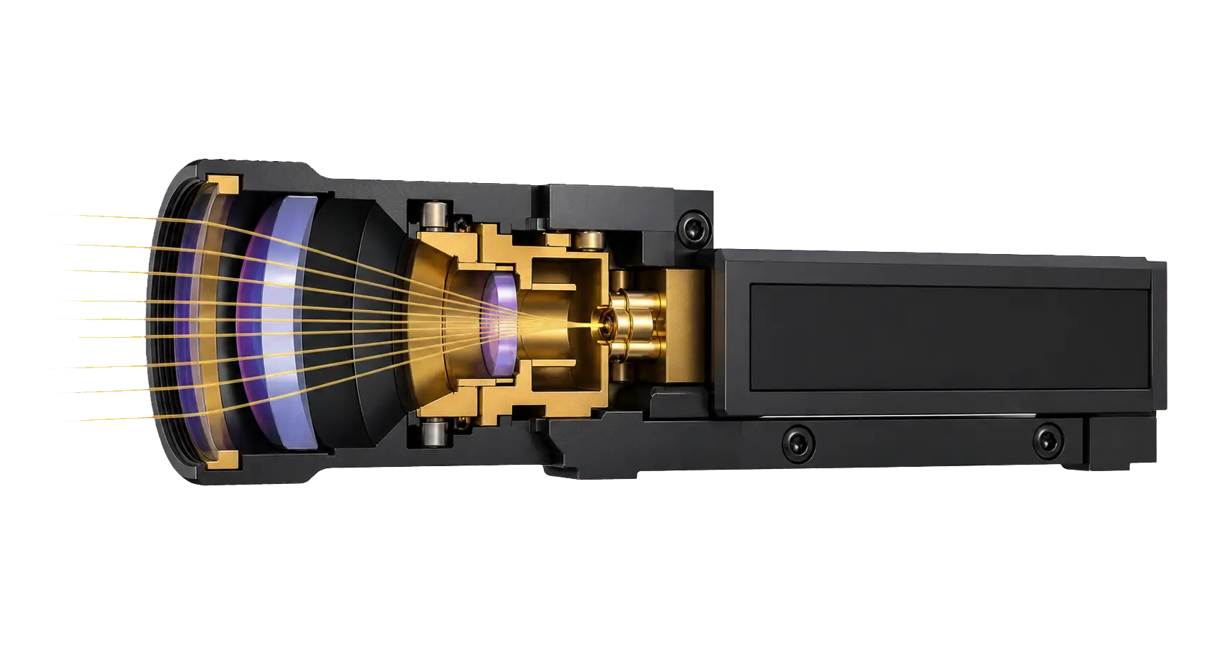 Cutaway view identifying the transmitting optics and Er:Glass laser source used to control beam divergence
