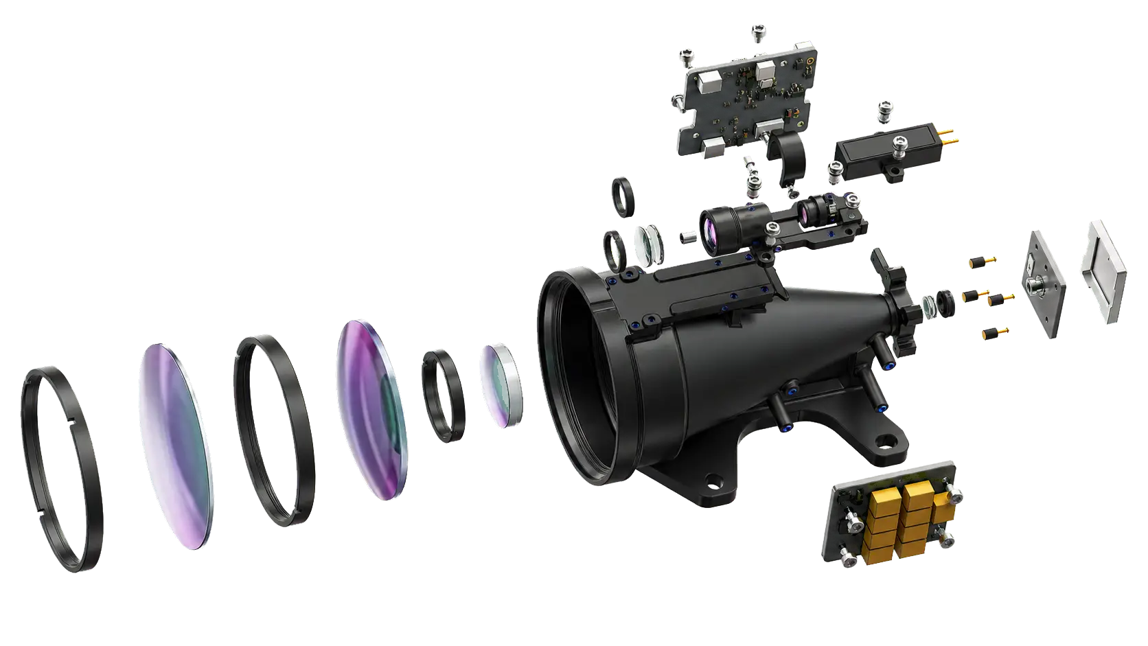 Premium rendered exploded view of the optics, black anodized housing, electronic boards and mechanical assemblies inside a 1535 nm laser rangefinder module