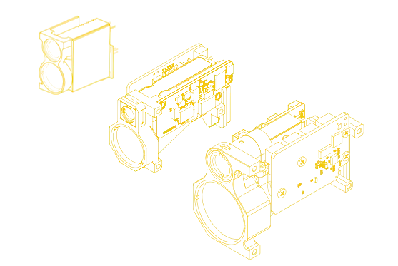 Exploded yellow line drawing of compact 1535 nm laser rangefinder module structures