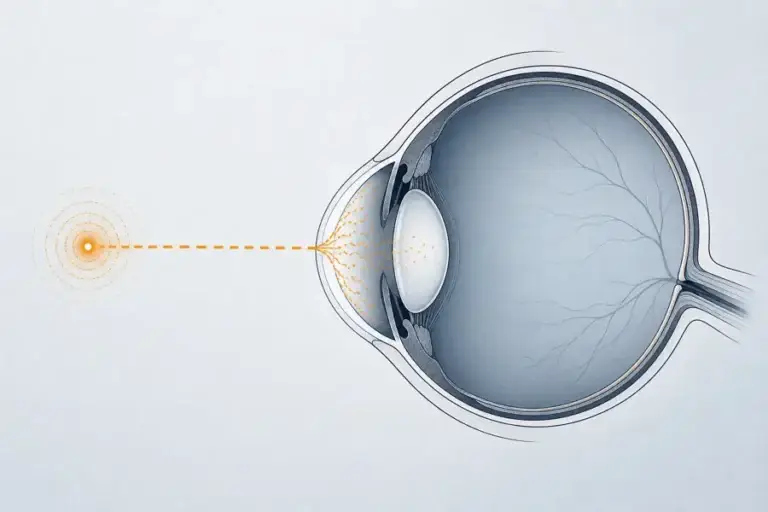 Conceptual eye cross-section showing an infrared path absorbed in the front of the eye before the retina.