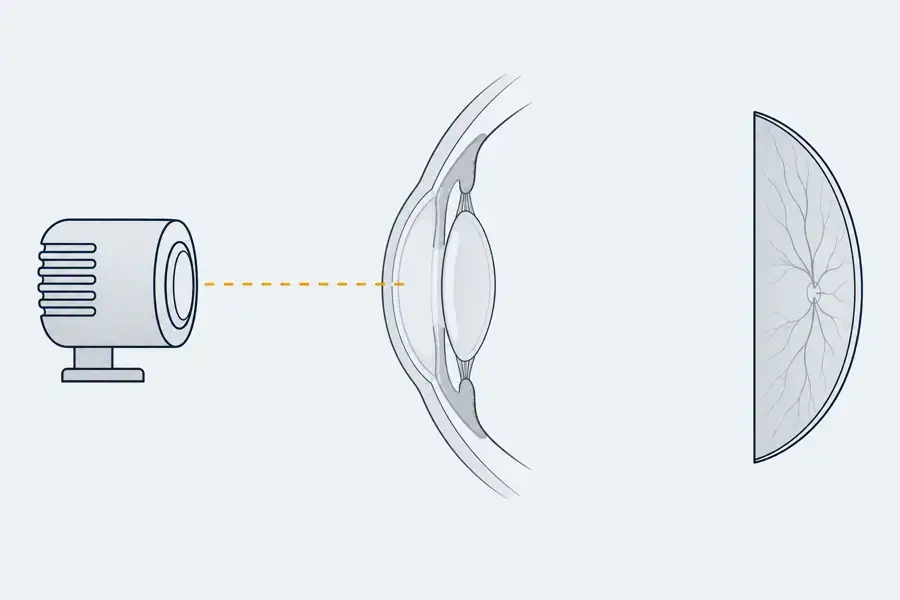 Conceptual three-stage diagram showing an infrared path absorbed in the front of the eye before the retinal plane.
