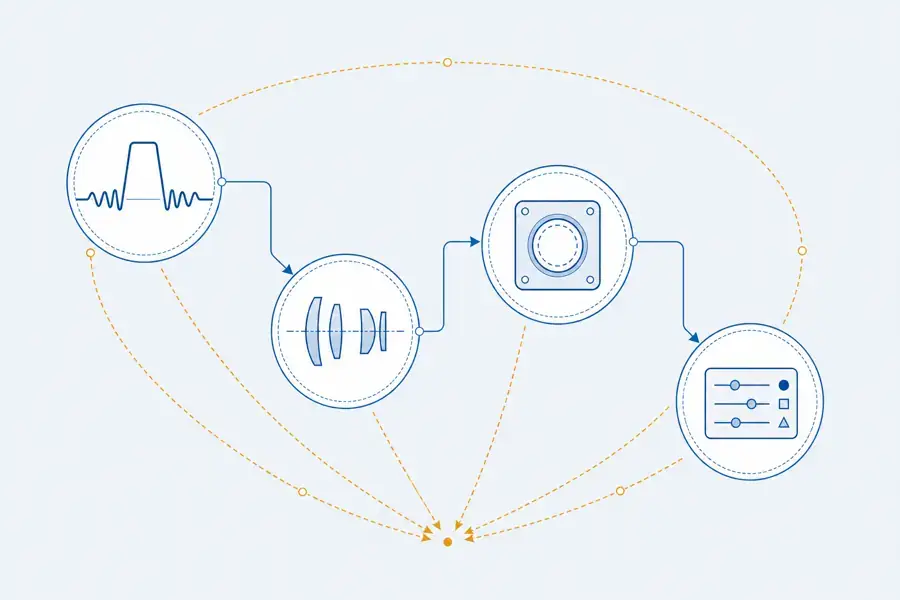 Conceptual review flow linking pulse behavior, optics, accessible aperture, and operating mode.