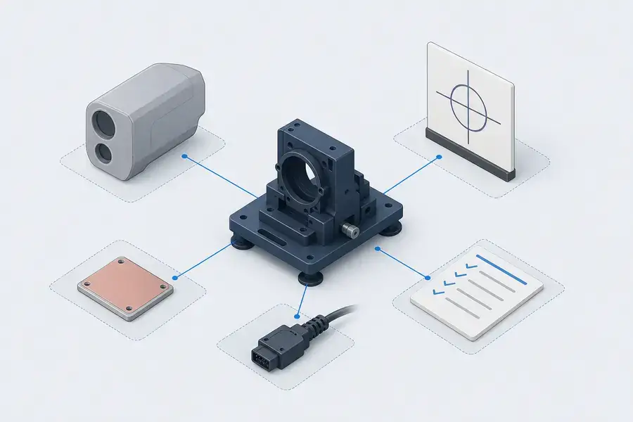 Conceptual OEM integration fixture surrounded by optical, thermal, interface, target, and review inputs.