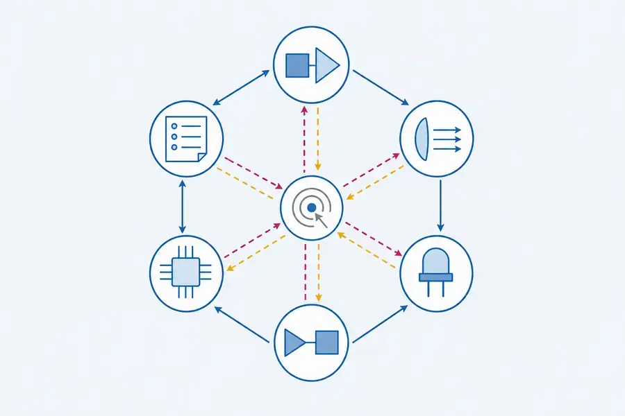 Conceptual system-dependency map showing the coupled choices around a rangefinder architecture.