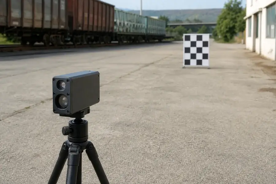 Illustrative daylight validation context with an unbranded module on a tripod and a distant reference panel