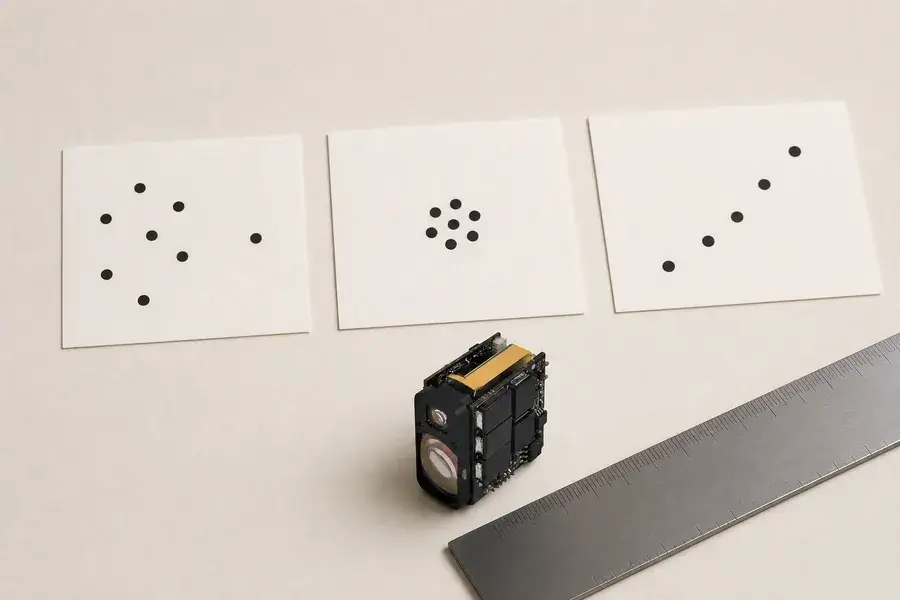 Three unlabeled dot-pattern cards used to distinguish offset, tight clustering, and coarse measurement steps