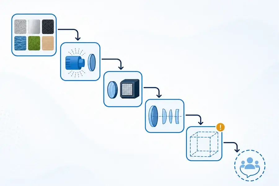 Decision flow beginning with target materials and moving through source, receiver, optics, product boundary, and review inputs.