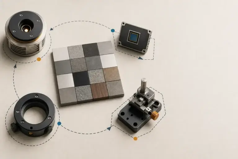 Conceptual selection board showing target materials and the source, receiver, aperture, and verification inputs around a rangefinder architecture.