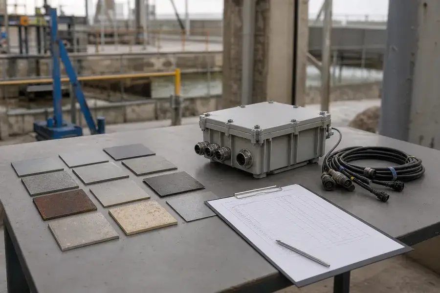Conceptual industrial planning table with material samples, generic sealed enclosure, cable harness, and blank checklist.