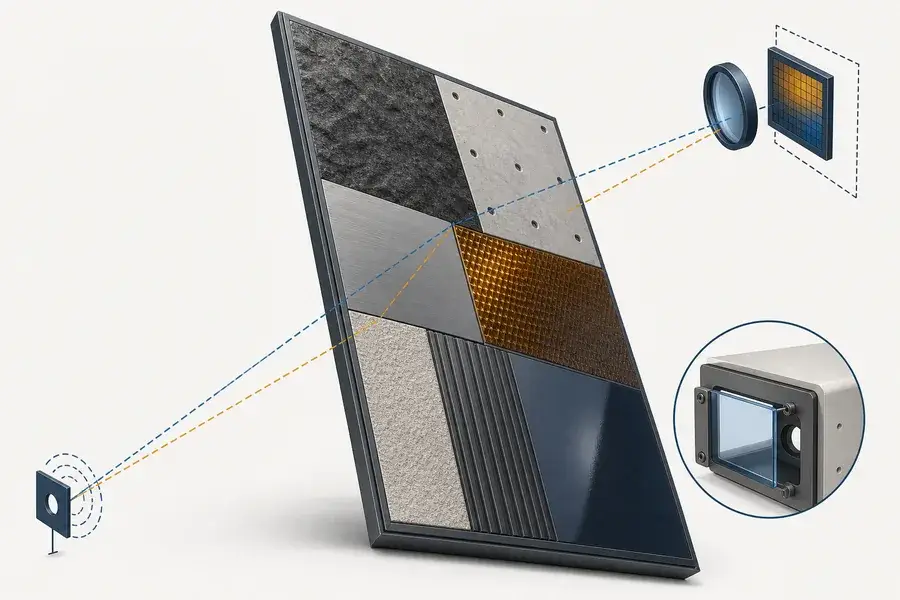 Conceptual target-first ranging layout with material samples, receiver chain, and an enclosure-window inset.