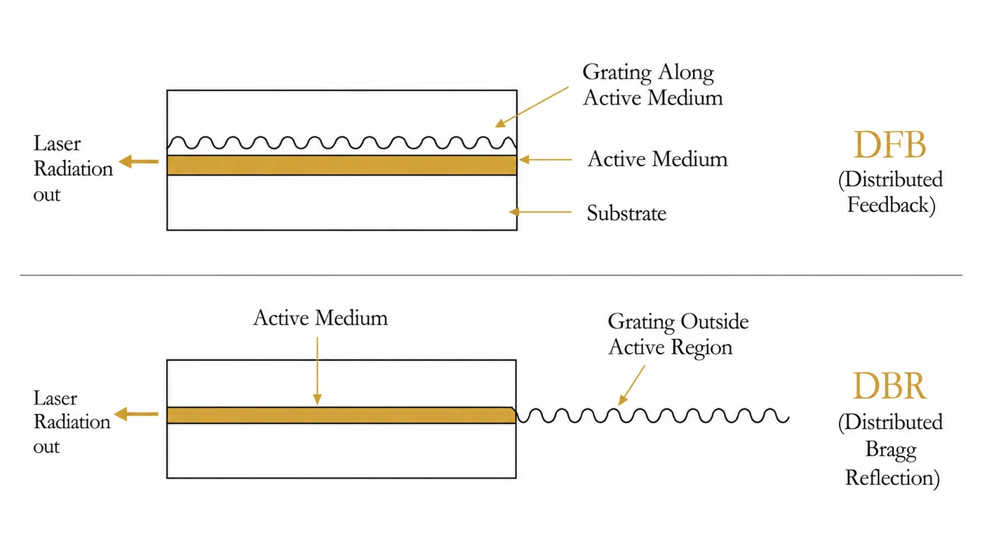 Diagram of DFB and DBR laser diode structures showing grating placement for single longitudinal mode operation