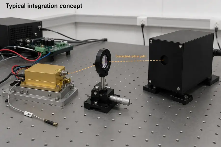 Conceptual OEM integration bench showing a generic Er:glass source location, mounting interface, drive electronics, transmit optics, and controlled target path.