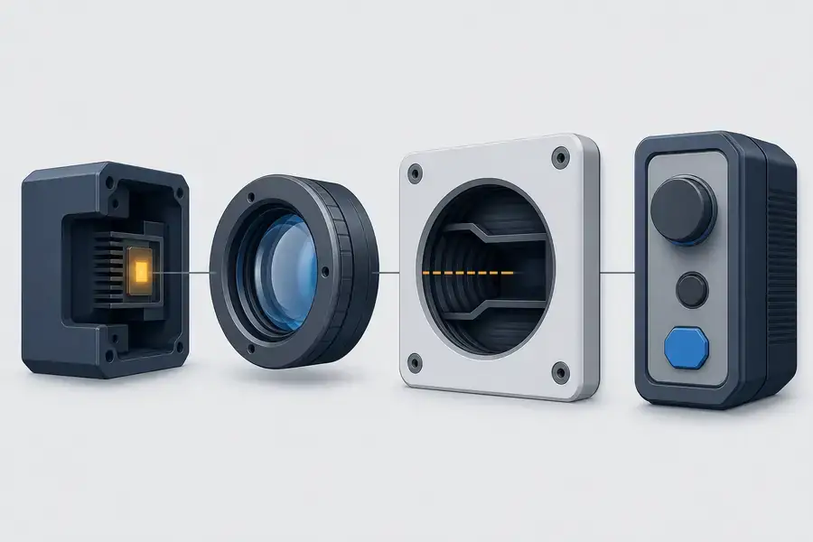 Conceptual engineering review chain showing source behavior, optics, enclosure, and operating control.