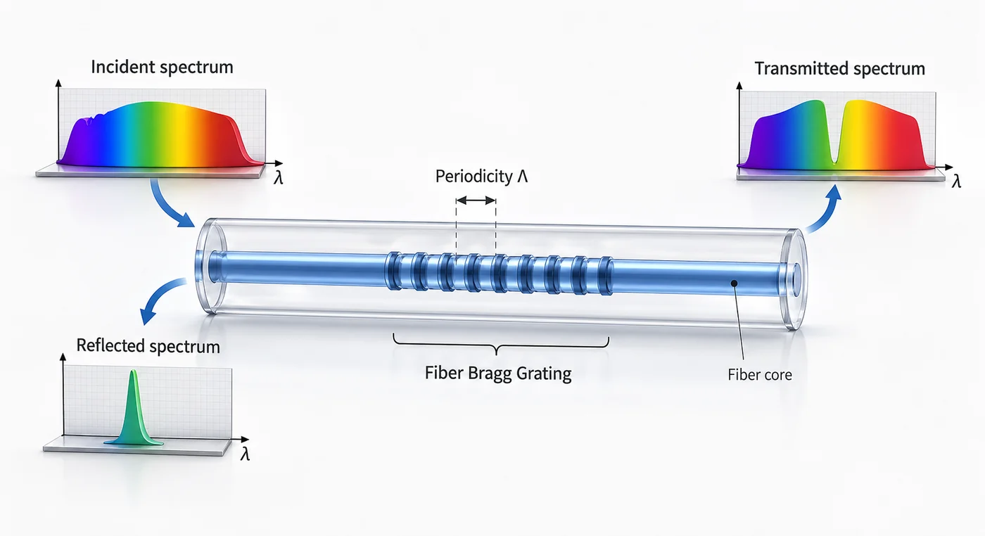 Fiber Bragg grating principle showing incident, reflected and transmitted spectra used to stabilize a laser diode wavelength