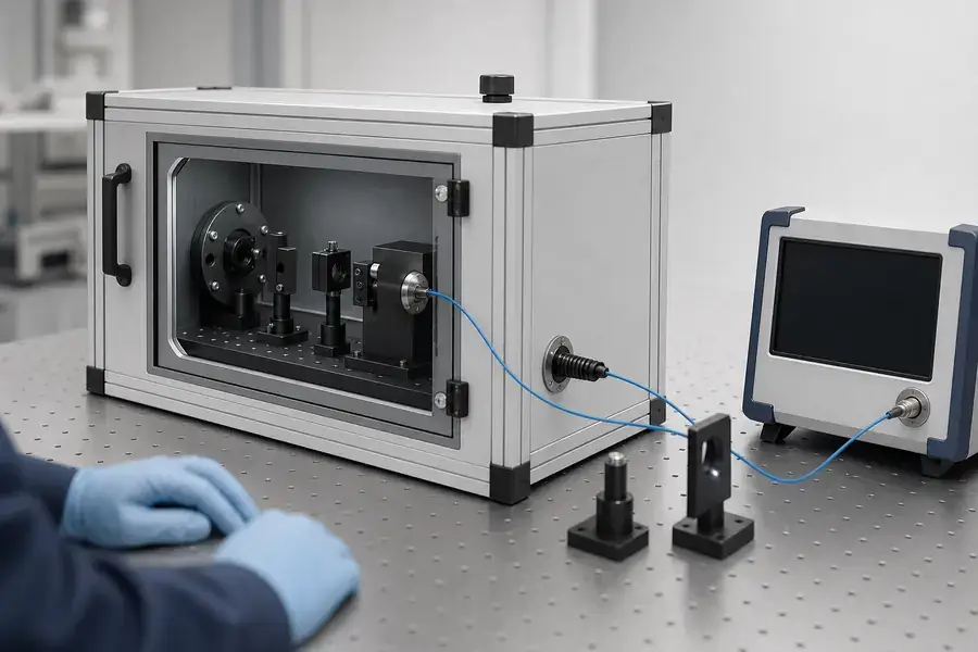 Conceptual engineering scene with an enclosed alignment fixture, fiber route, and measurement interface.